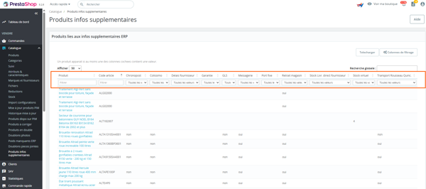 Filtres disponibles sur la liste des produits infos supplémentaires dans PrestaShop