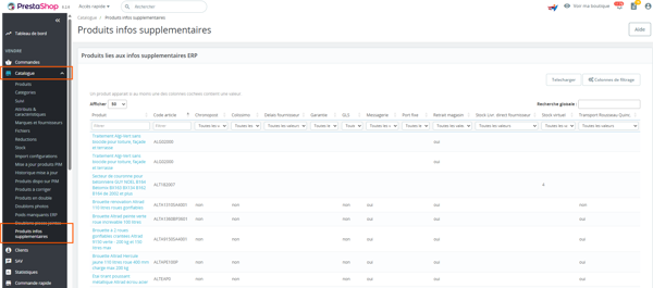 Accès au menu Catalogue puis Produits infos supplémentaires dans PrestaShop